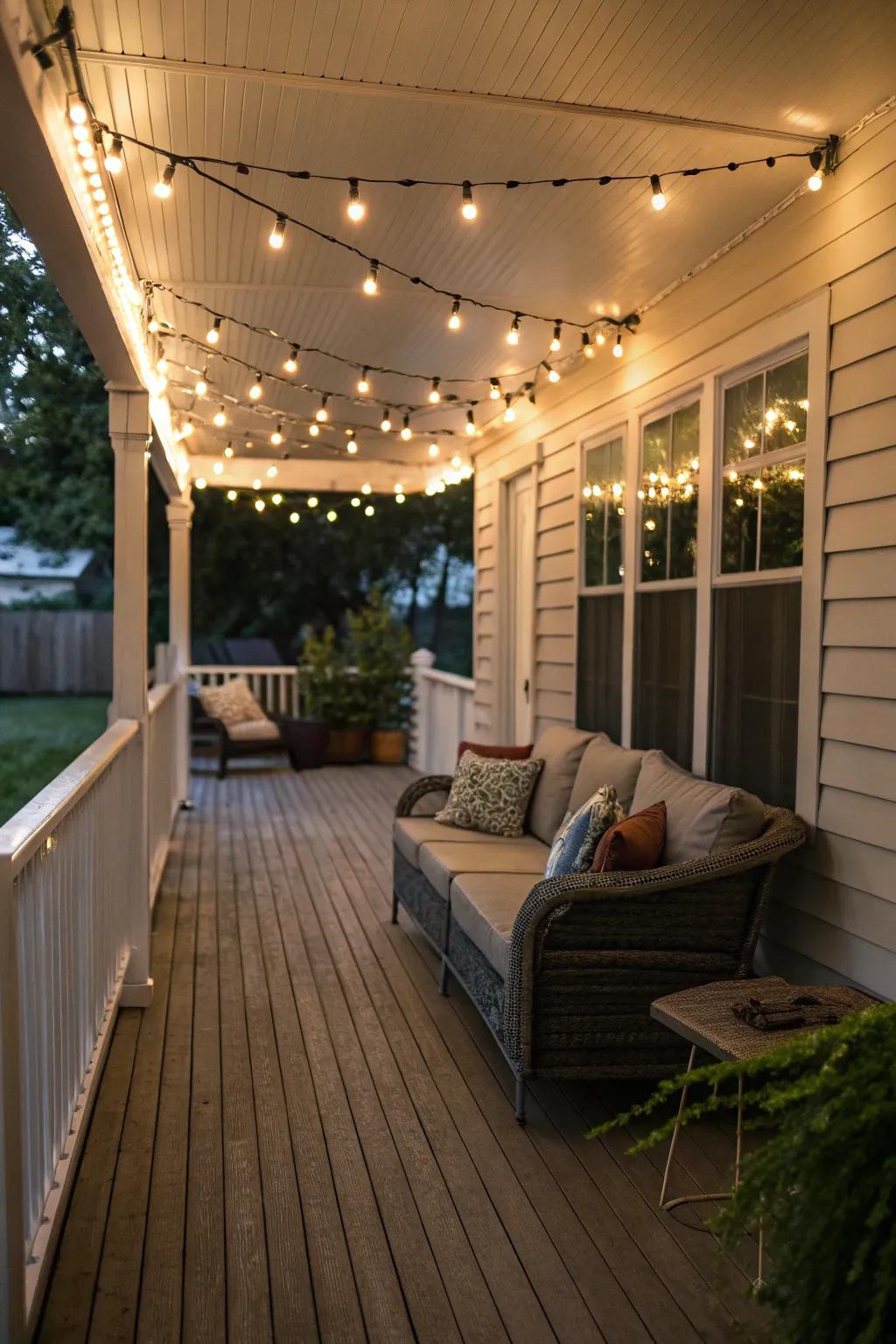 A side porch glowing under the gentle sparkle of twinkle lights.