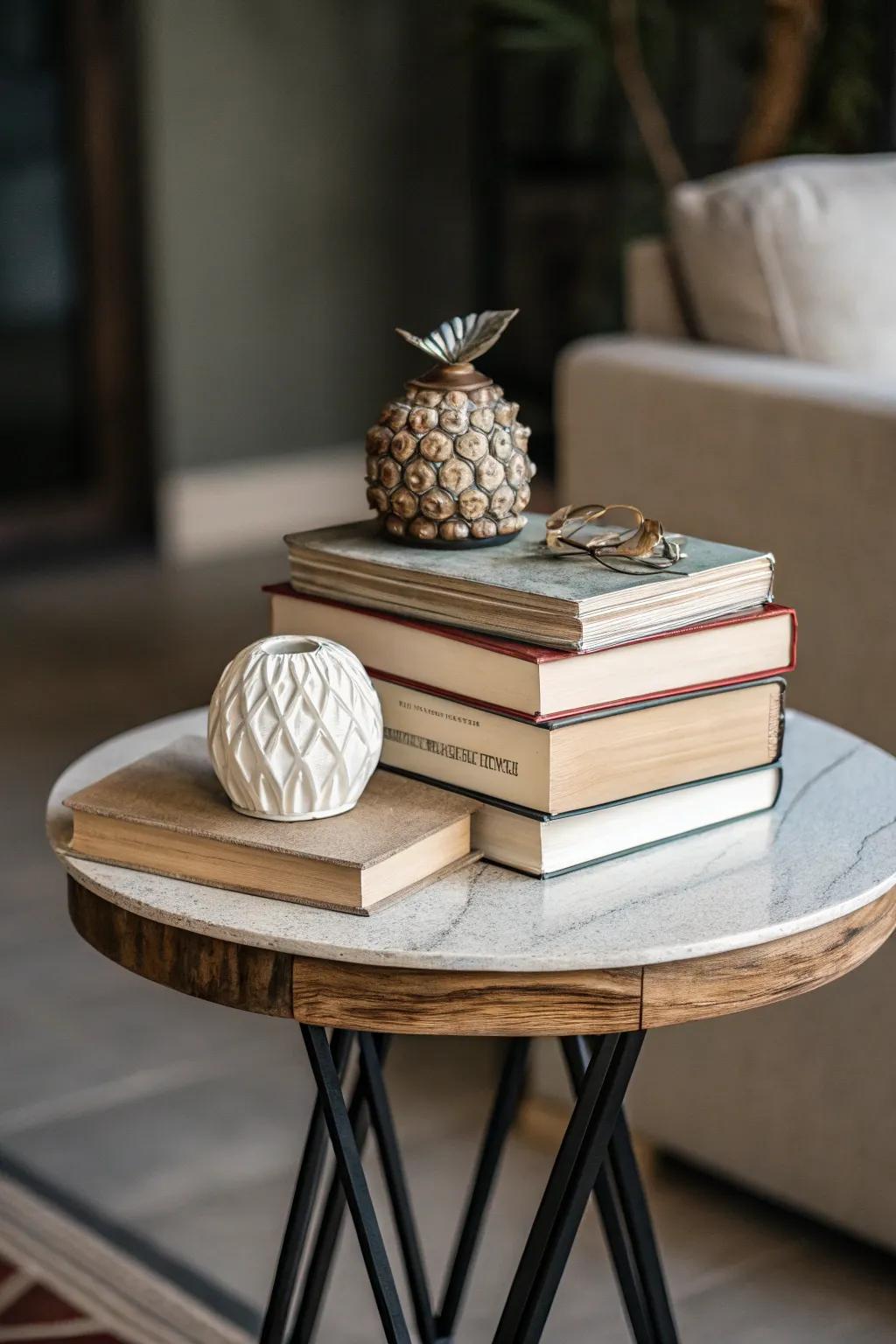 Stacked books contribute character and height to an accent table.
