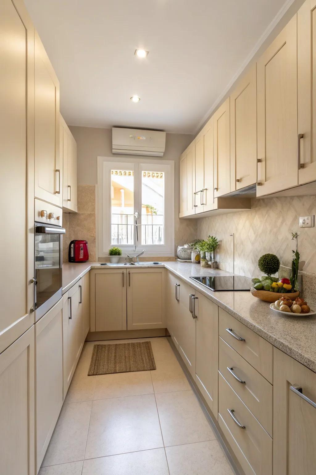 Subdued tones fashion a spacious and luminous atmosphere within a small cooking area.