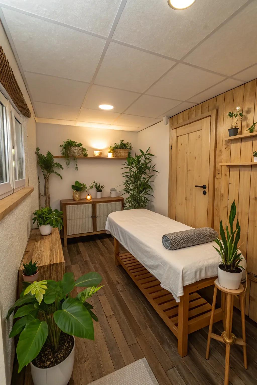 Natural elements like plants bring tranquility to your massage space.