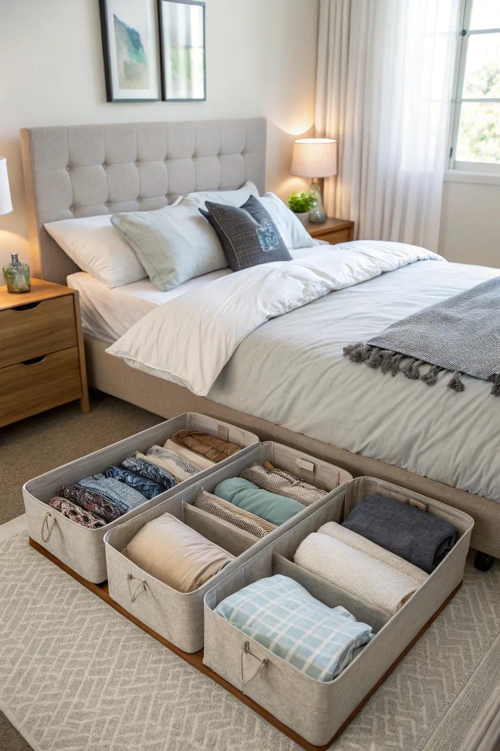 Utilize under-bed space for extra storage.