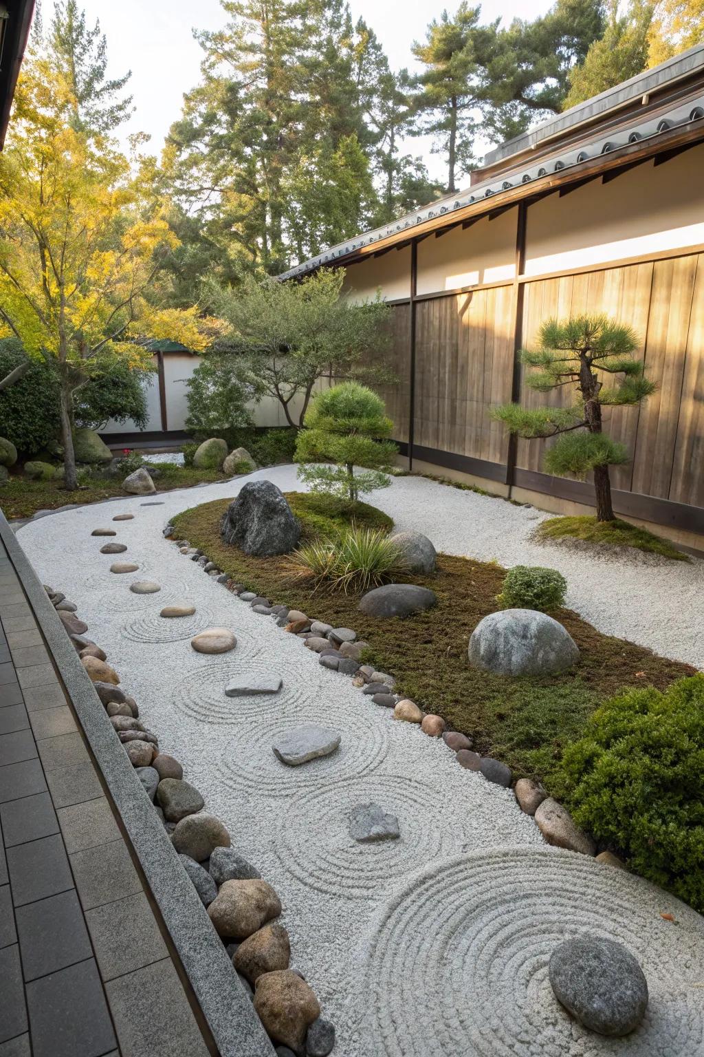 A serene Zen garden featuring small stones and a calming layout.