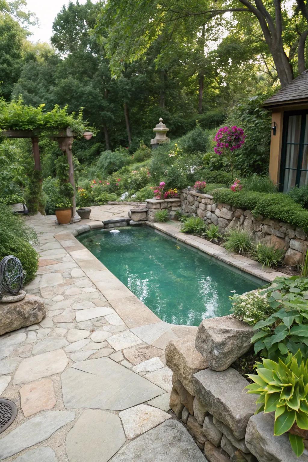 Organic stone gives a lavish touch to compact pools.