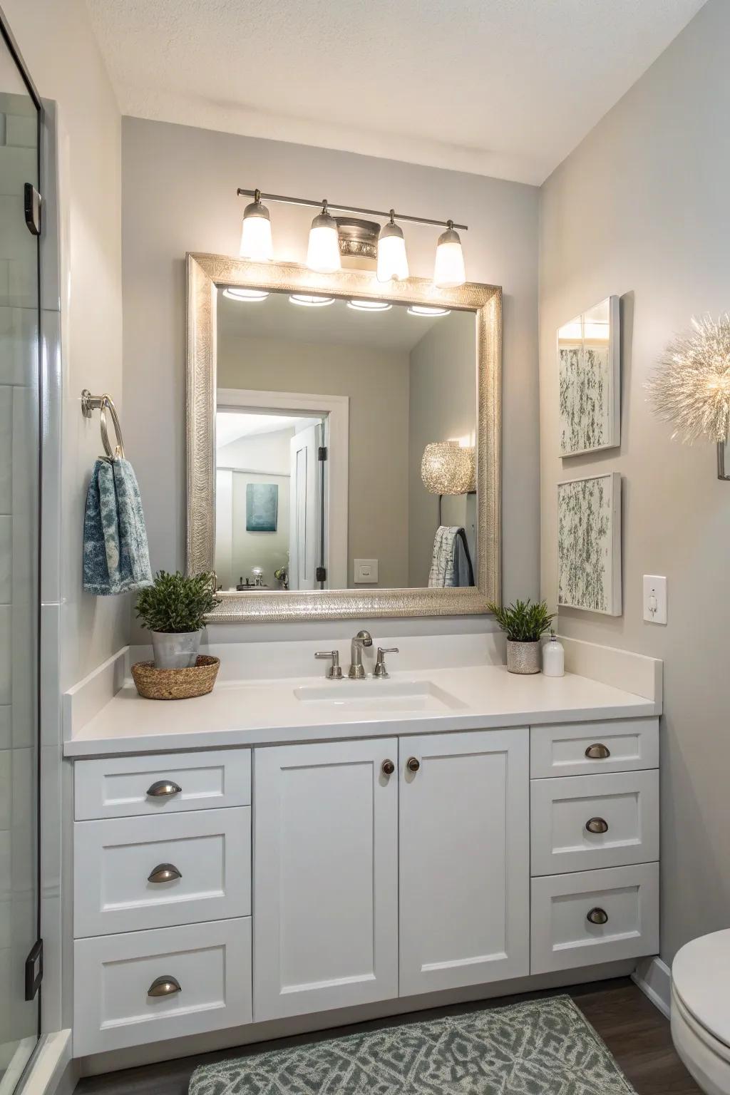 Large mirrors amplify light and dimension in small bathrooms.