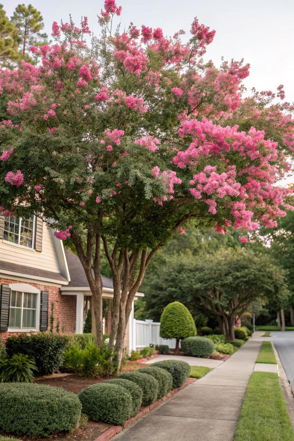 Crepe myrtle tree bringing vibrant summer color to a front yard.