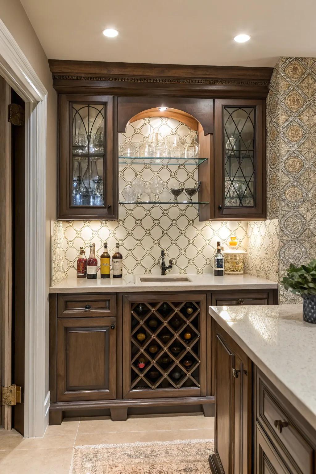Chic backsplash tiles that bring charm to a small wet bar.
