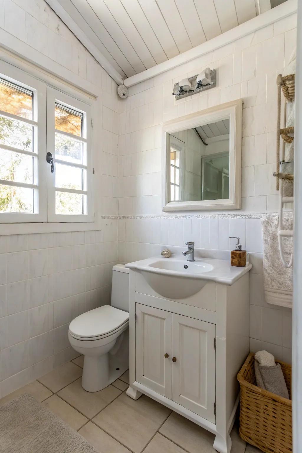 Using a white and neutral design can visually expand a small bathroom.