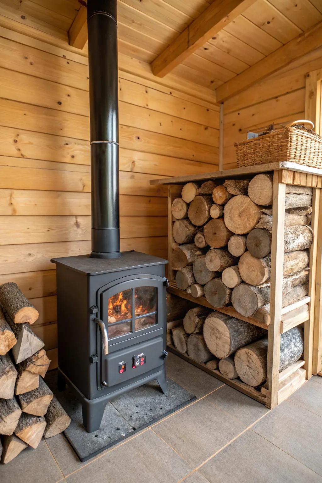 Integrated log storage beautifully displays wood as a functional decor element.