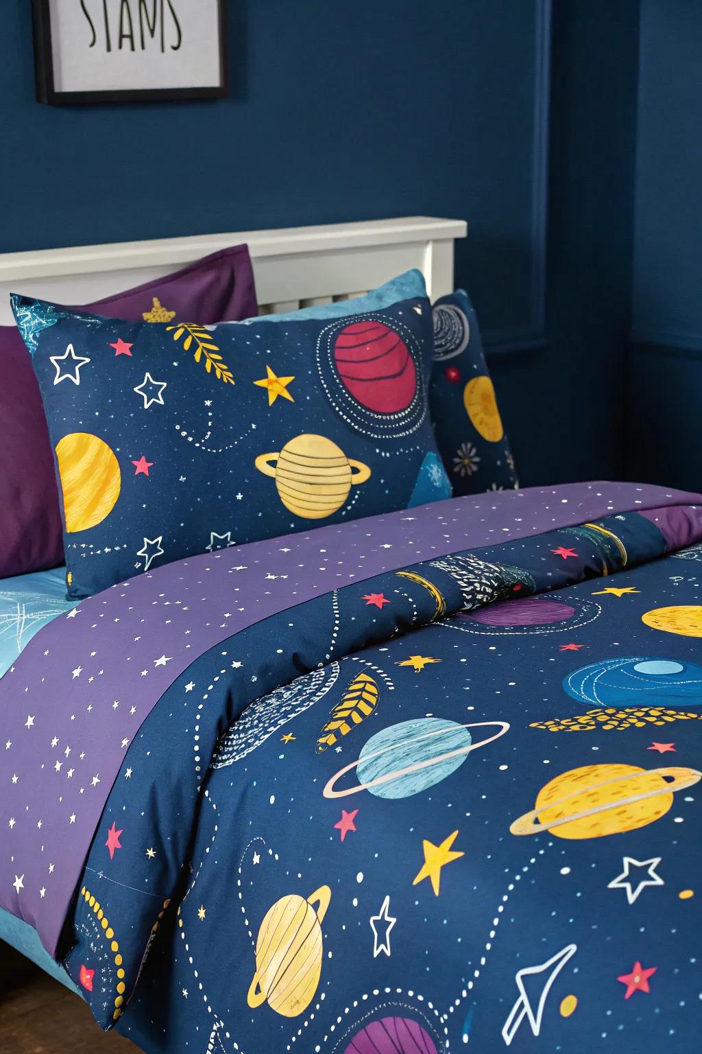 Planetary bedding enlivens the room, creating a theme with vivid, artistic designs.