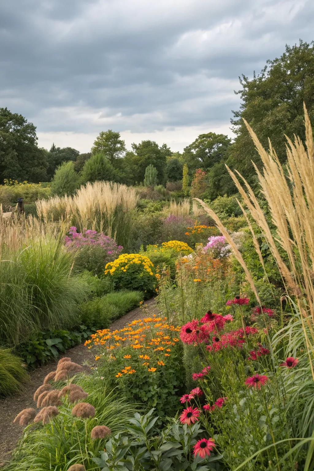 Varied plant setups featuring tall grasses and colorful flowers.