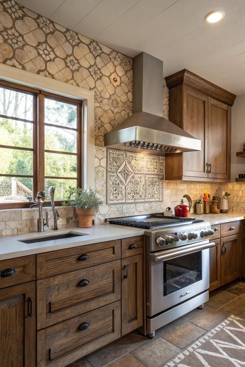 A unrefined tile backsplash juxtaposed against sleek kitchen features.
