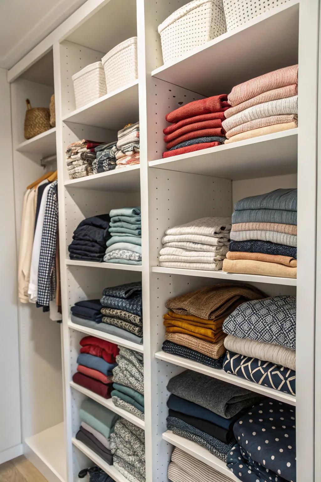 Shelf dividers keep your closet organized by preventing stacks from mixing and toppling.