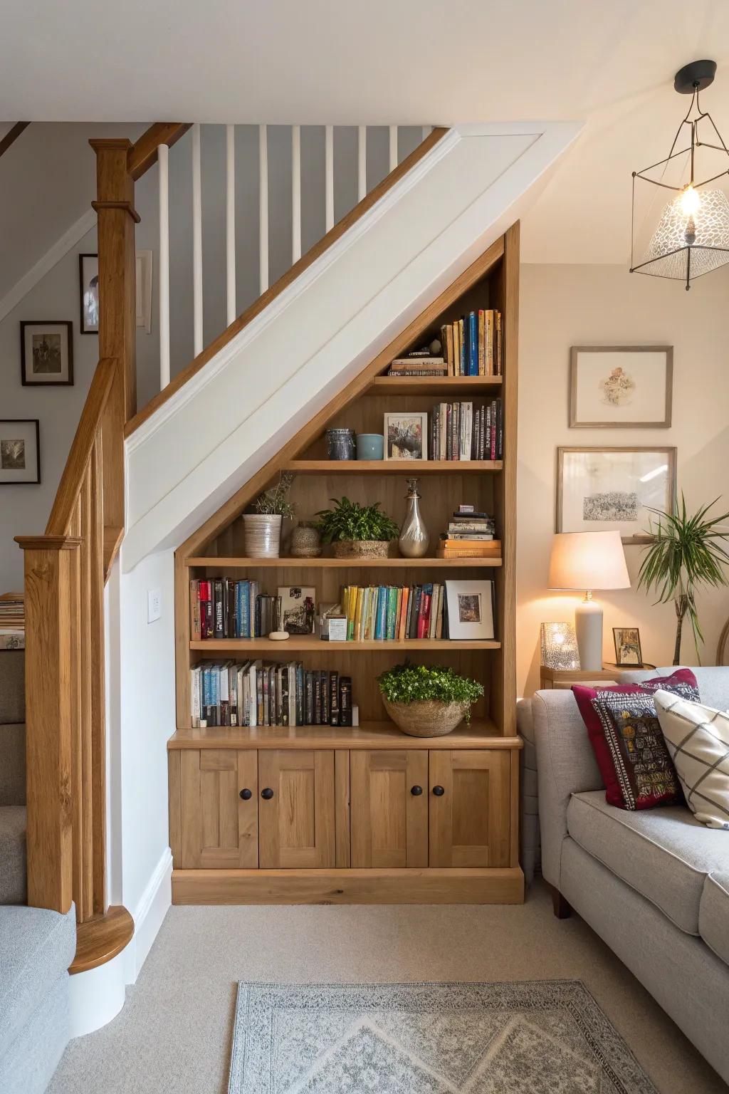 Utilizing the area under the stairs for elegant storage ideas.