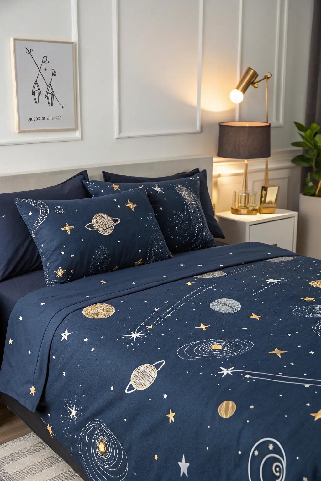 Space-themed bedding introduces a cosmic element to your sleep area.