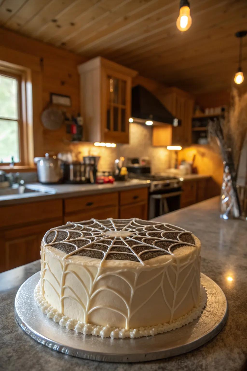 A cake adorned with a delicate filigree design.