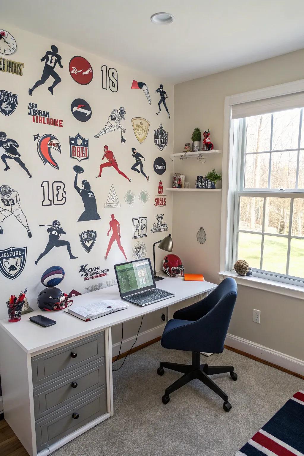 A sports-themed accent wall can create a striking focal point.