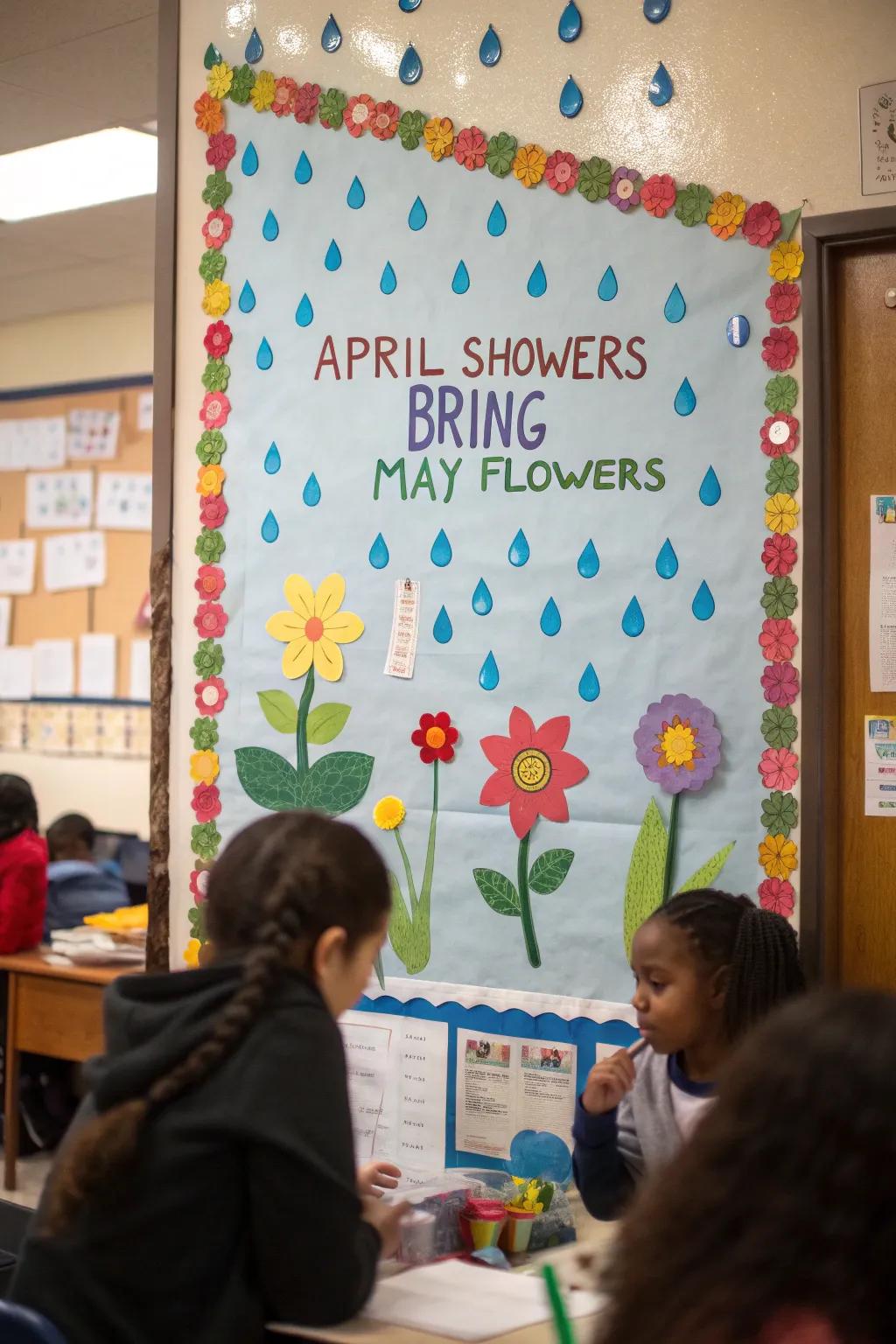 A cheerful bulletin board with raindrops and blossoming flowers symbolizing renewal.
