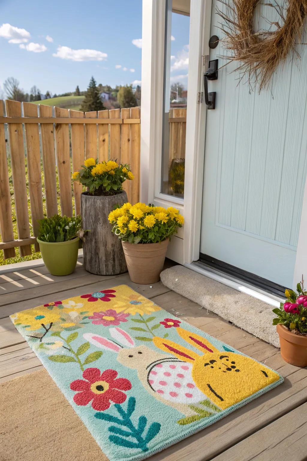 A playful entry mat introduces a welcoming element to your porch, ideally suited for springtime.