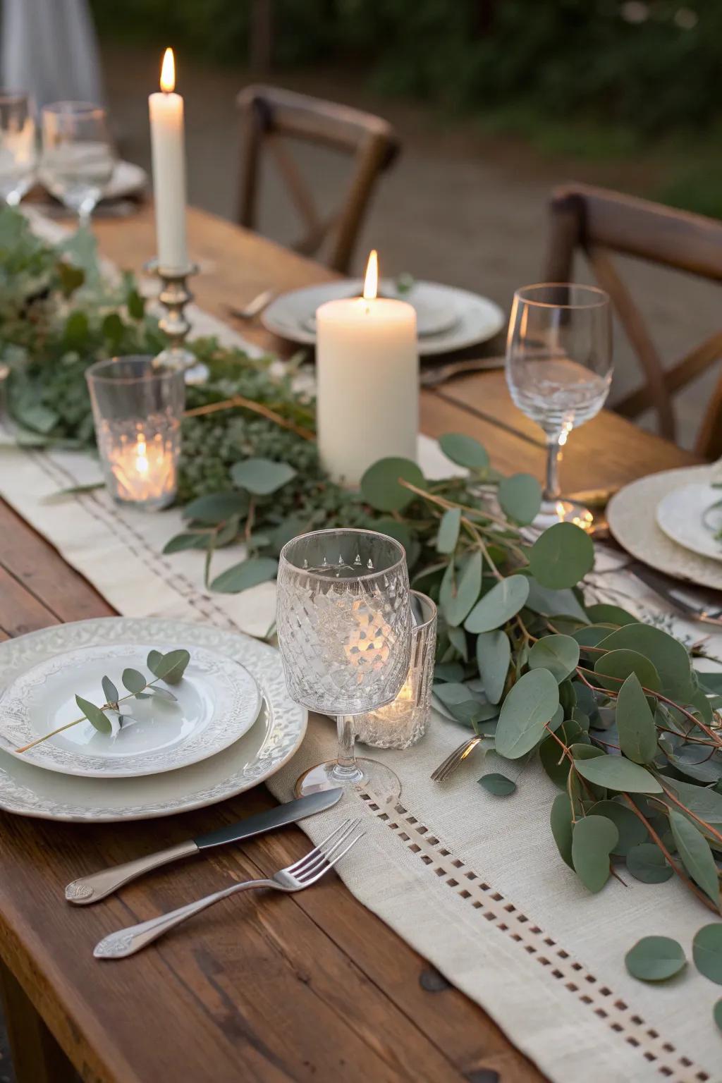 A dining table ornamented with a lavish greenery runner.