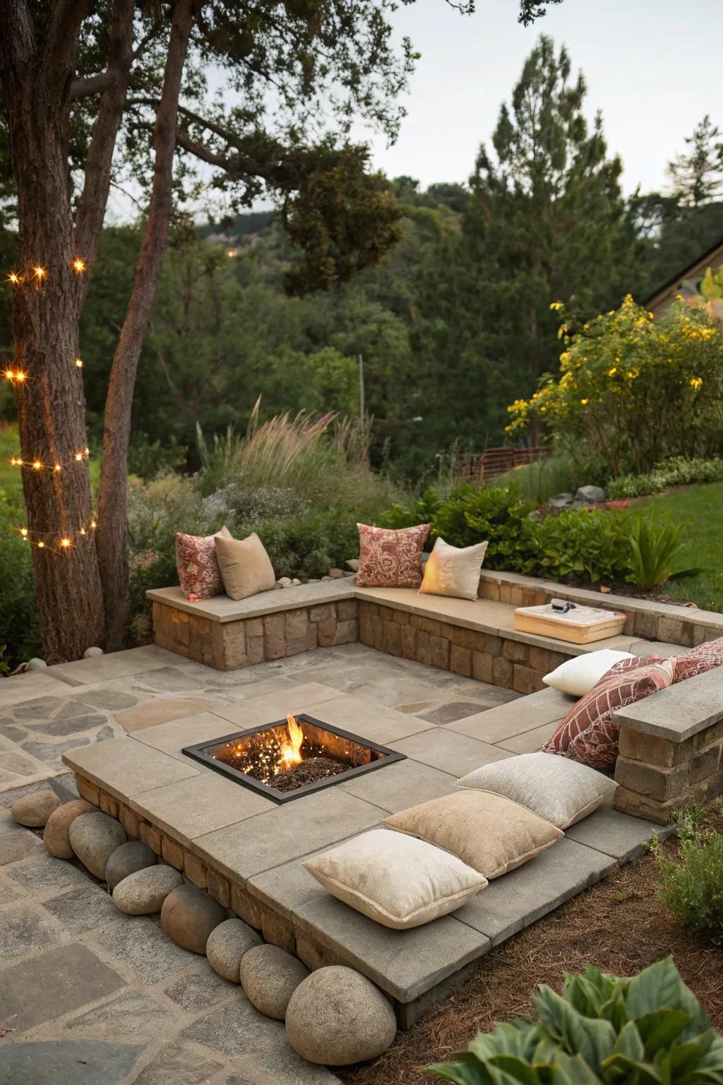 Integrated benches establish an intimate fire pit setting.