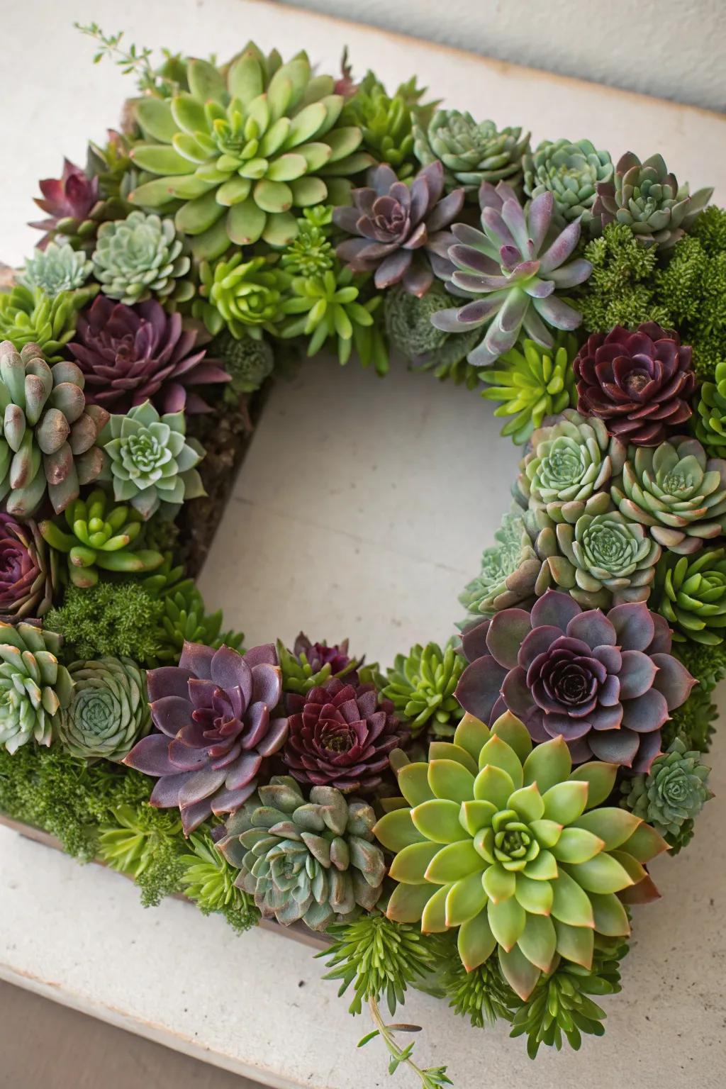 Succulent square wreaths present a modern and easy-care decorating solution.