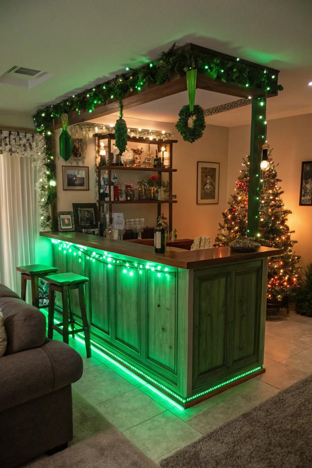 Green lighting crafts a welcoming and celebratory atmosphere for the holiday.