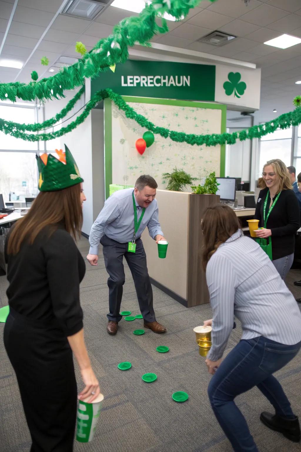 Team up for a delightful leprechaun hat toss game.