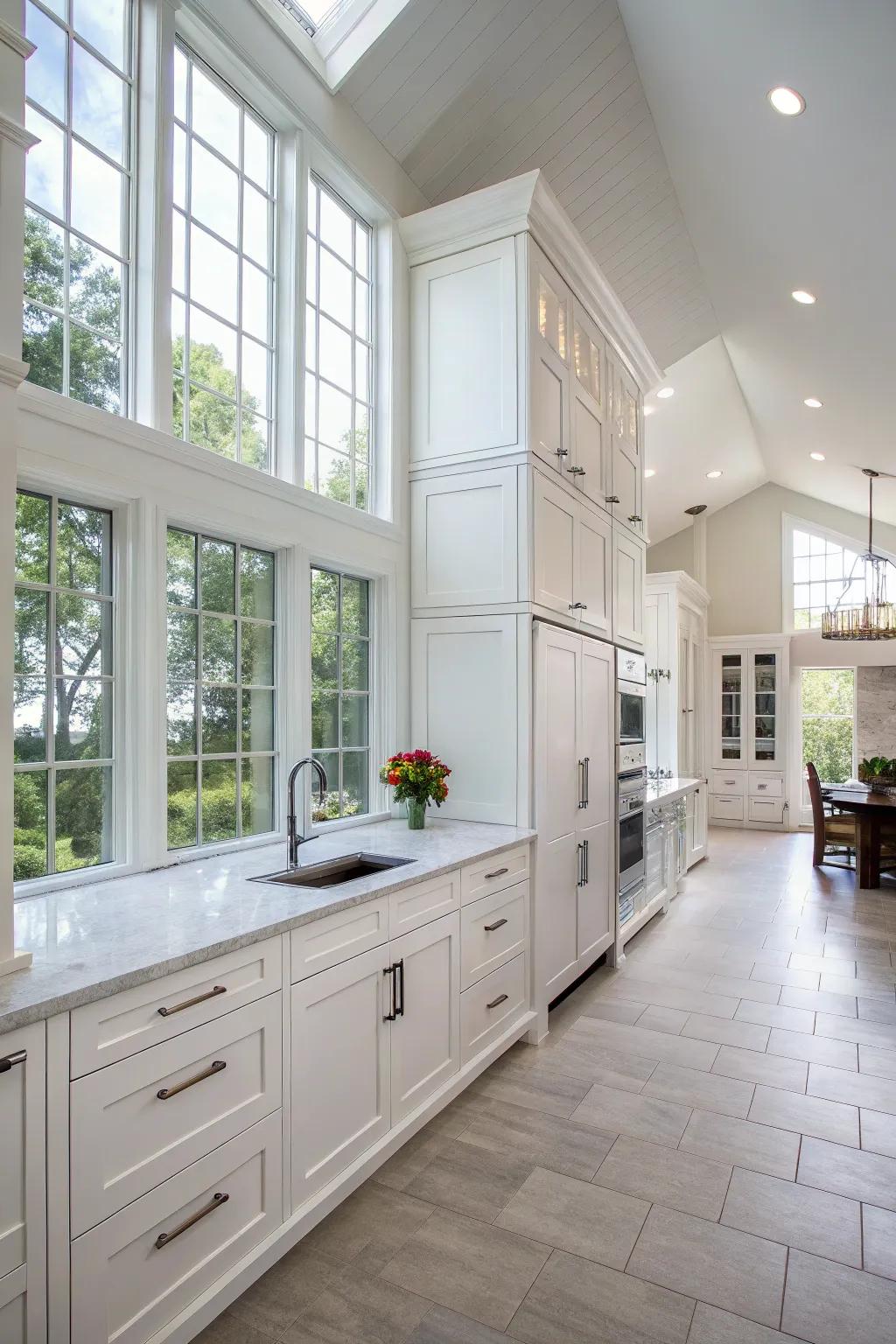 White cabinets enhance the effect of sunlight, leading to a cheerful and inviting kitchen atmosphere.