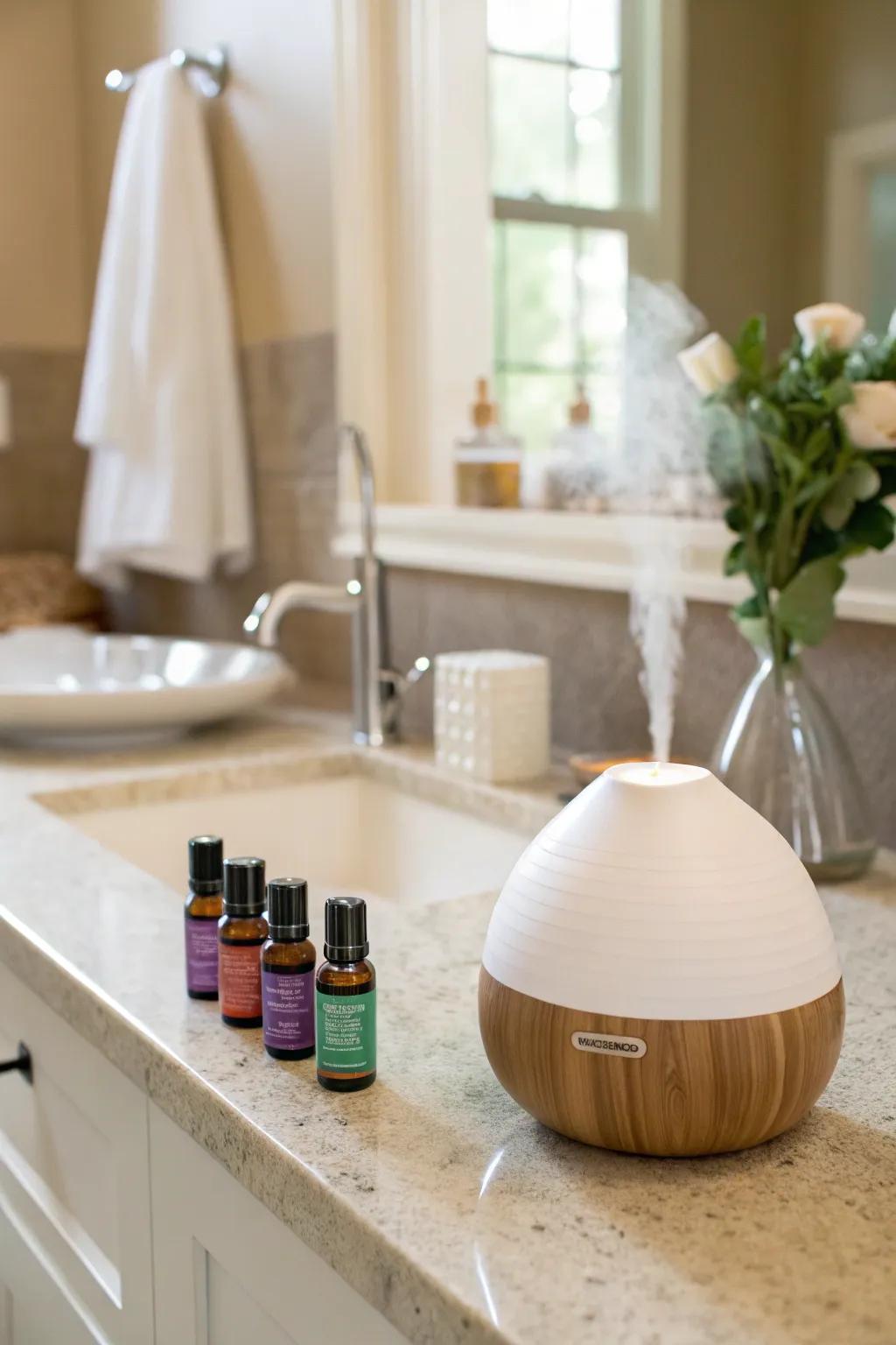 A diffuser filled with essential oils provides a calming aroma in the bathroom.