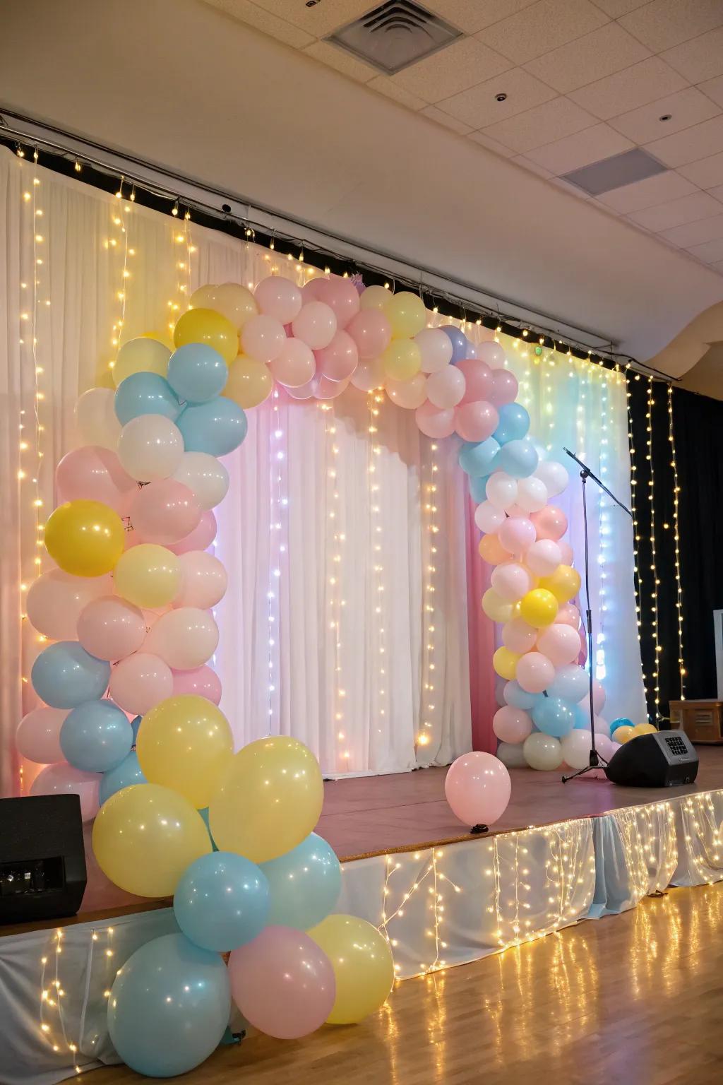 A dreamy backdrop accentuated with pastel balloons and glimmering twinkle lights.