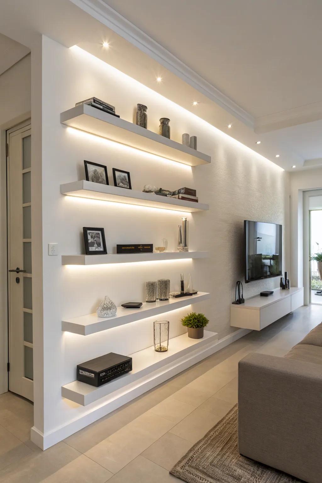 Contemporary minimalist shelves illuminated with LED lighting.