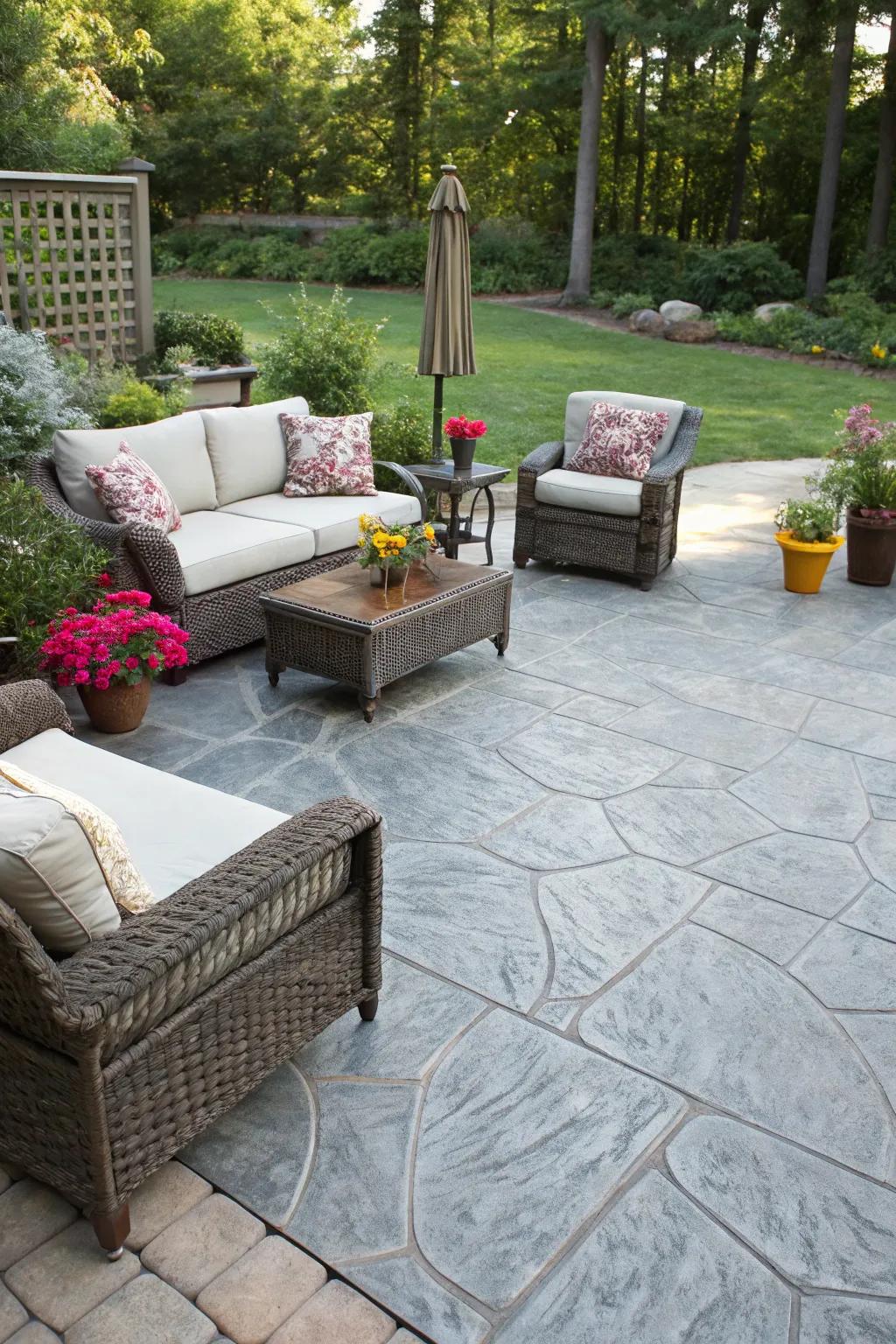 A patterned concrete patio that mirrors the sophistication of natural stone.