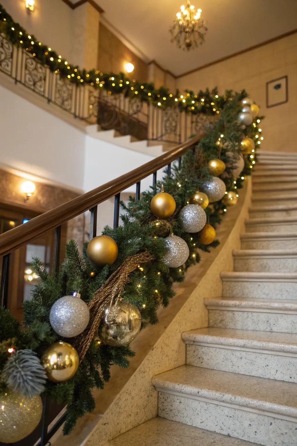 A garland showcasing shimmering gold and silver ornaments.