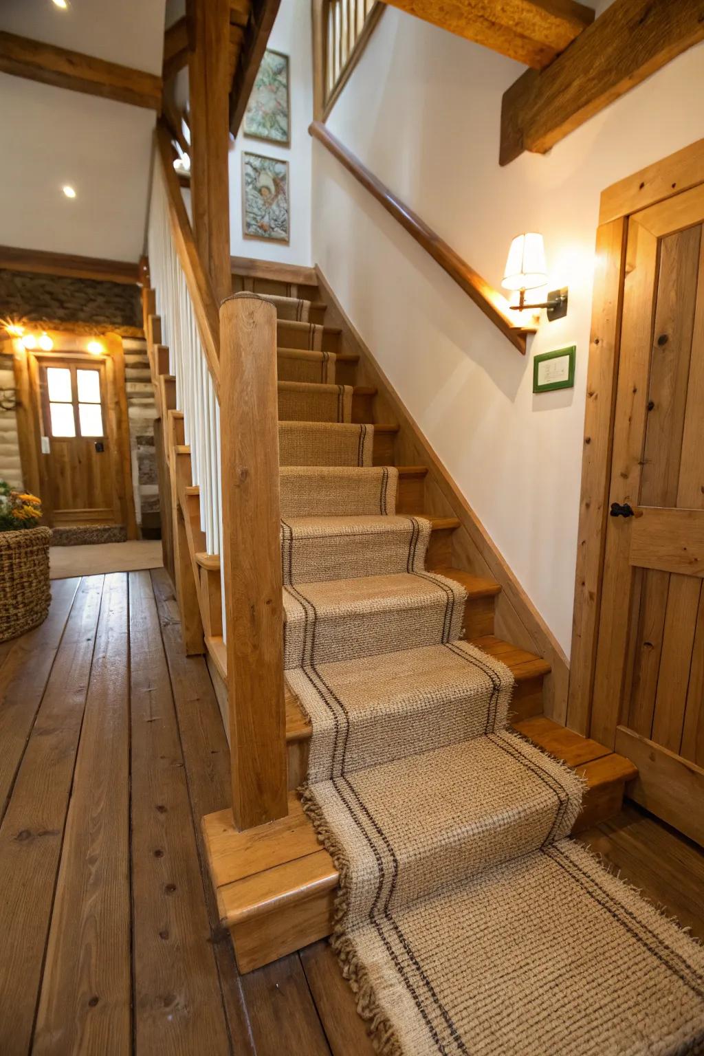 Natural fibers like jute add warmth and texture to your stairs.