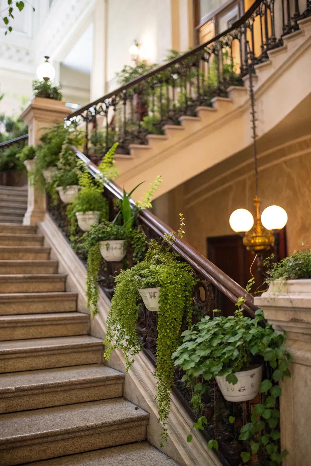 Incorporate plants to create a refreshing and energetic staircase environment.