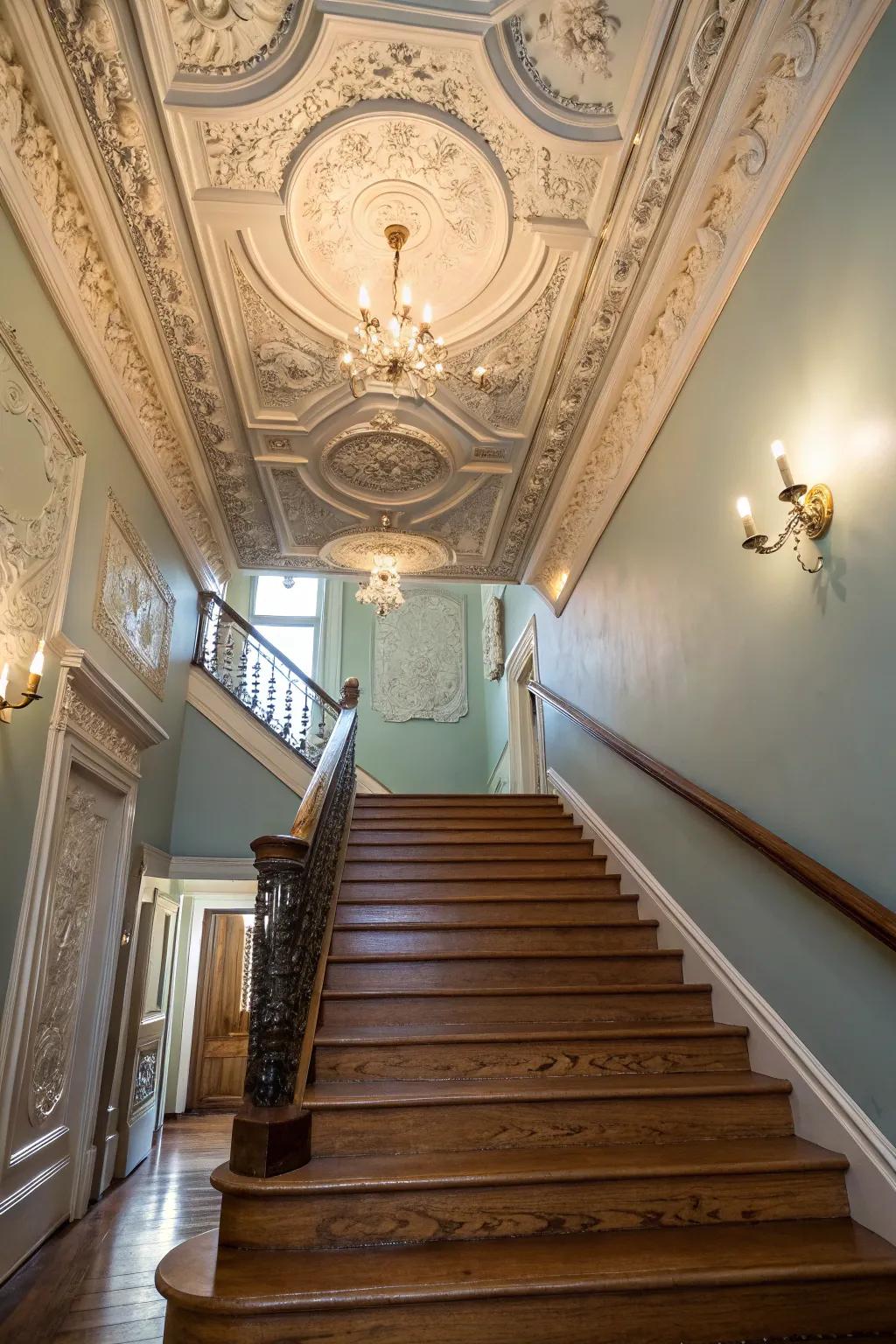 Elaborate top trim amplifies the grandeur of any stairwell.