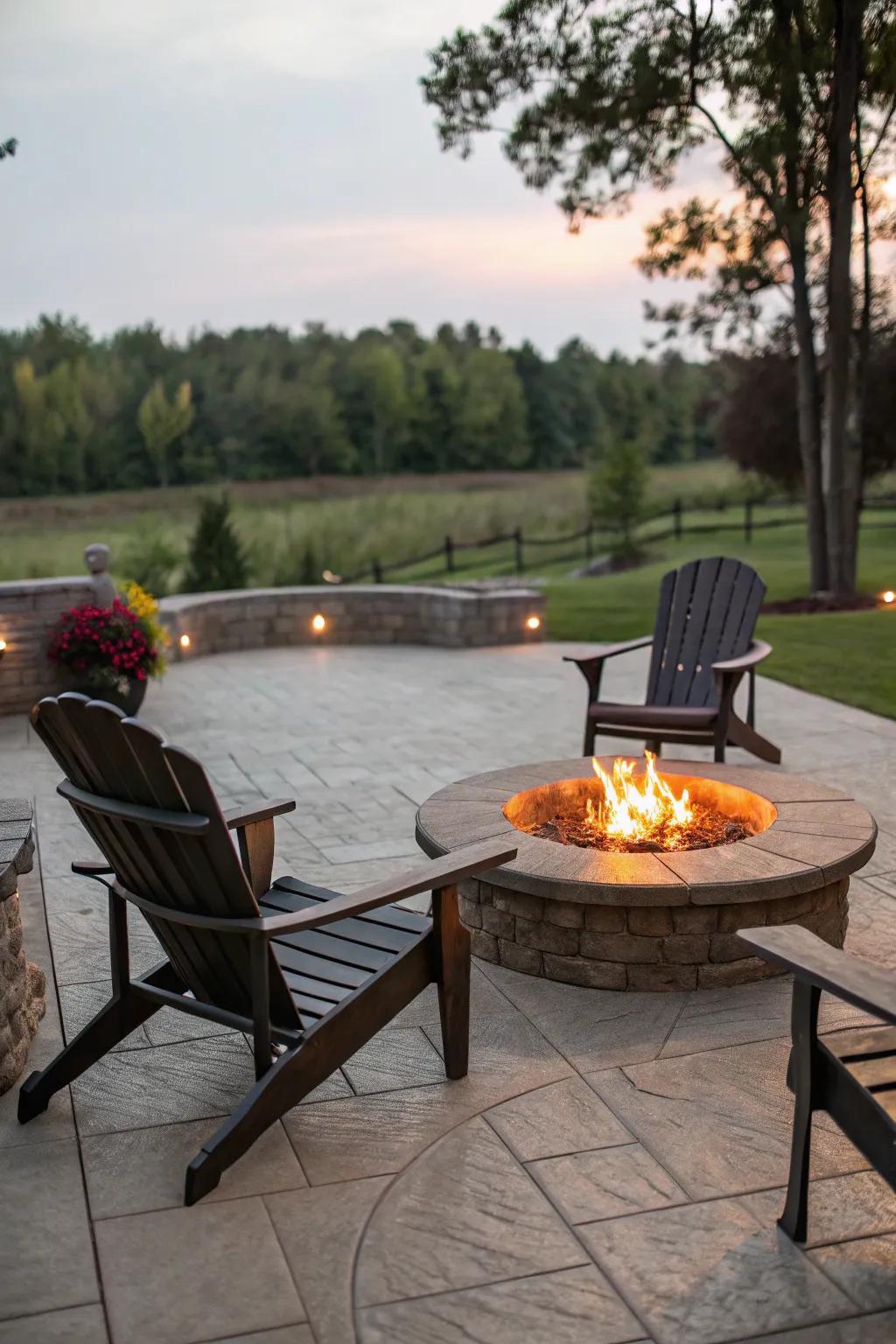 A central fire pit enhances the patio’s charm and heat.