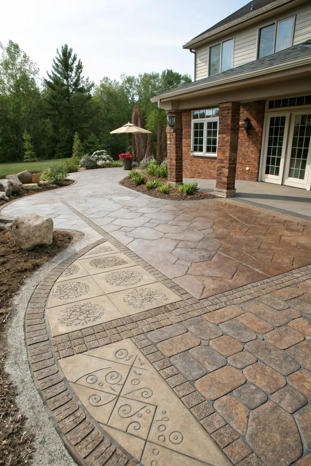 A textured and patterned stamped concrete patio offering visual appeal.