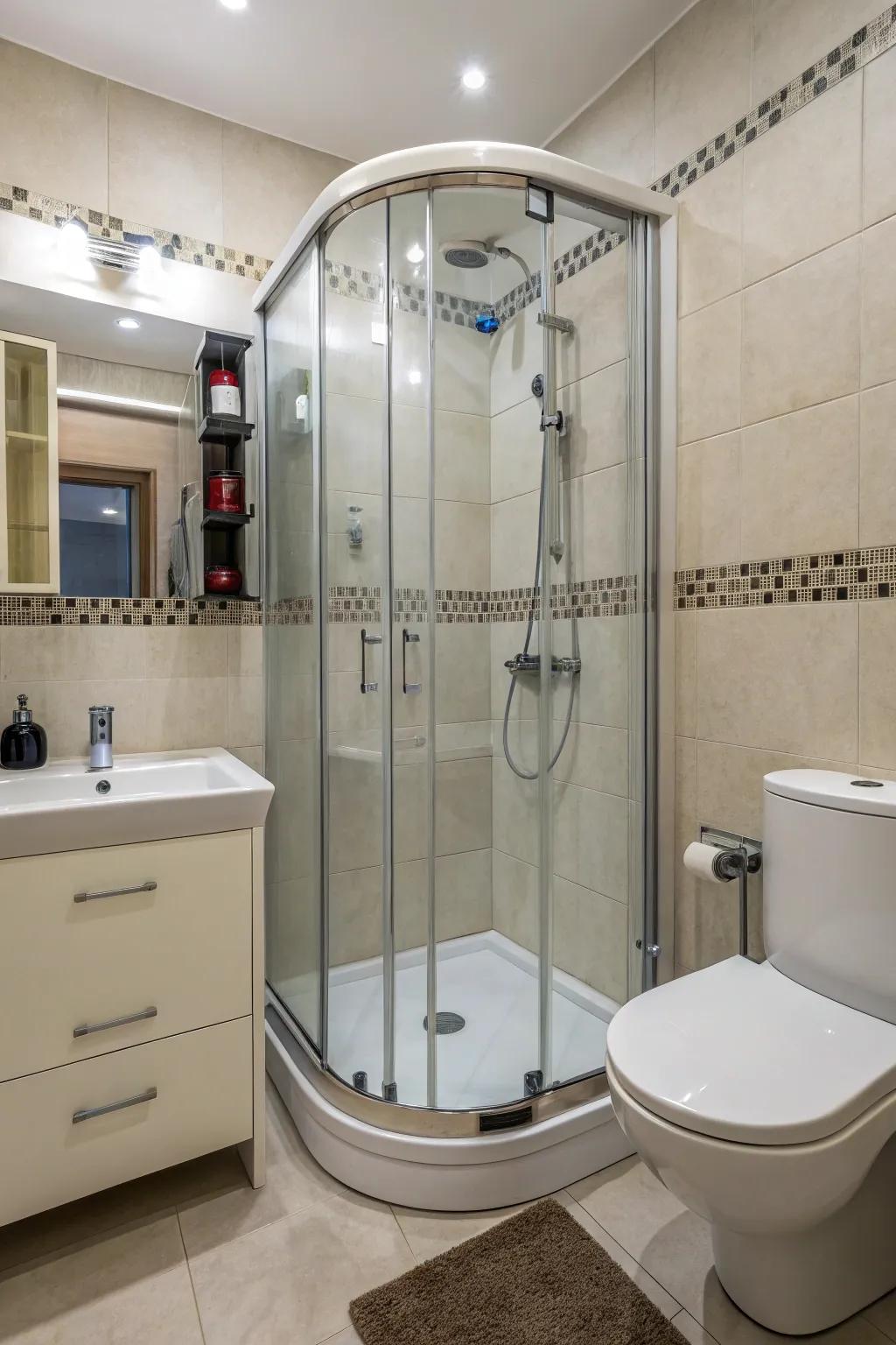 A corner shower effectively maximizes space in a compact bathroom.