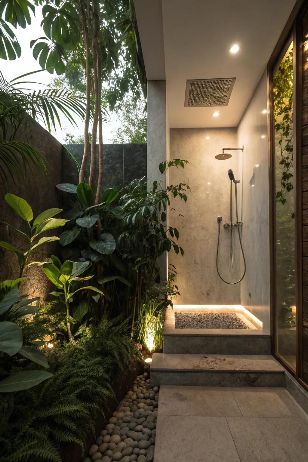 Step-down shower styled with soothing ambient lights and plant life, conjuring a spa-like mood.