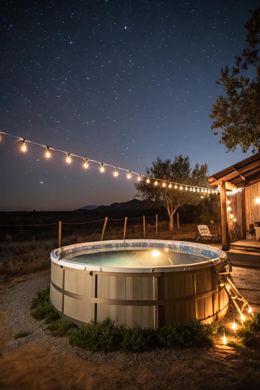 String lights add a magical touch to a stock tank pool at night.