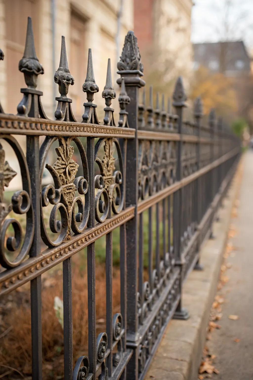 An ornate iron fence featuring differing heights that enhances the character of a property.
