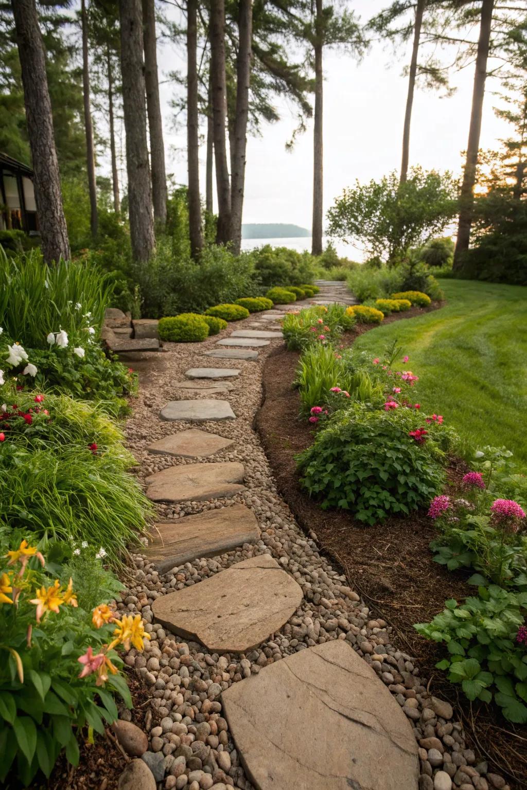 Design charming pathways using a mix of pebbles and mulch.