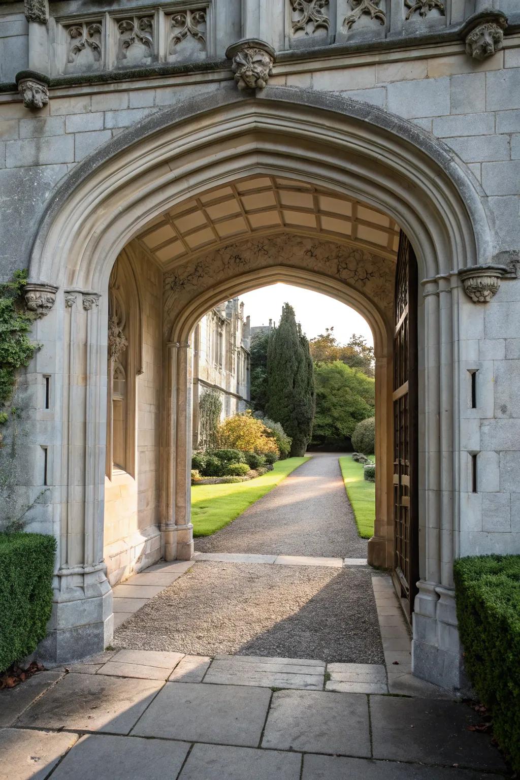 A stone arched entrance offers a timeless sophistication.