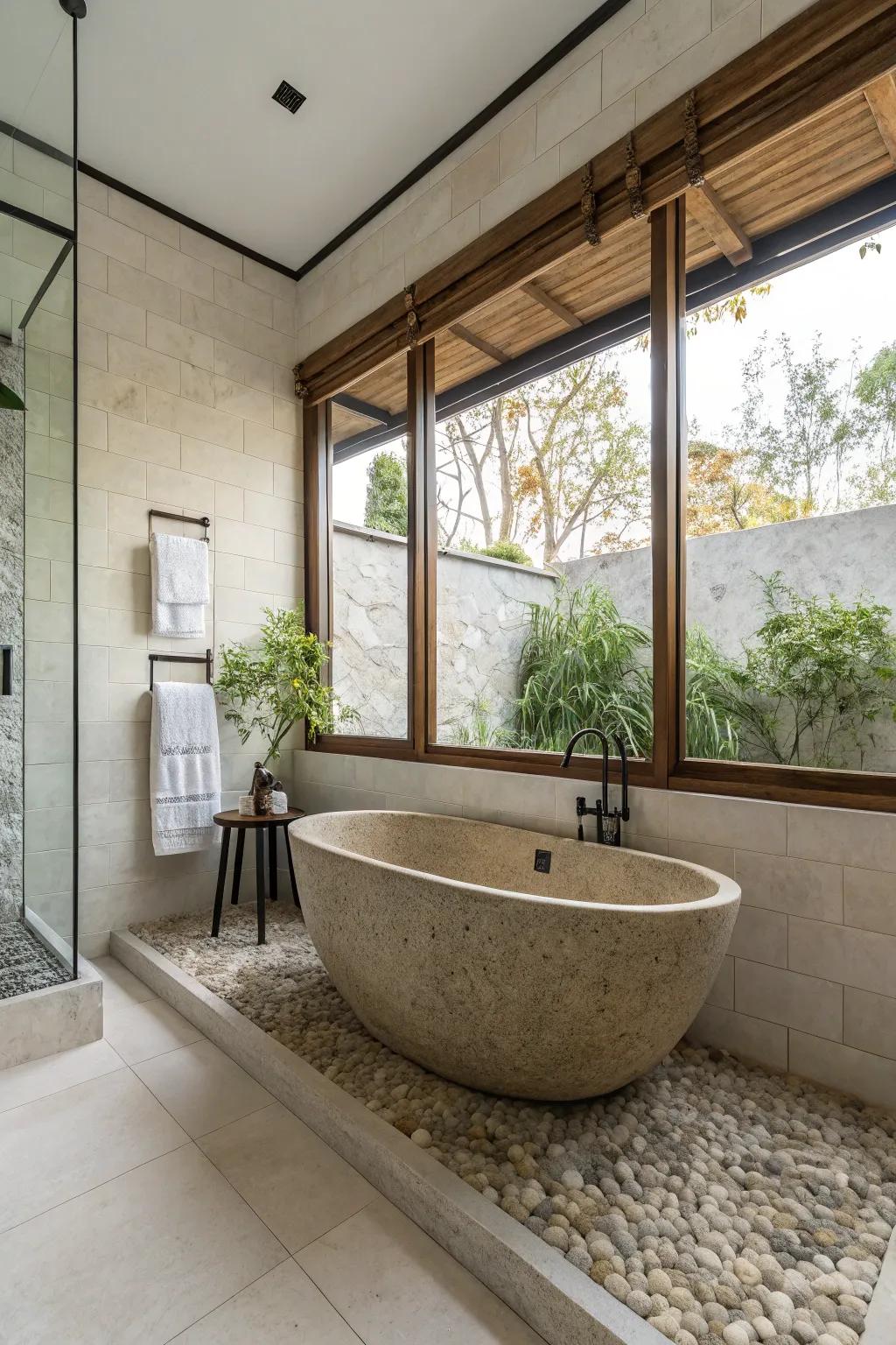 A bathroom showcasing a stand-alone stone soaking tub with simple, elegant decorations.