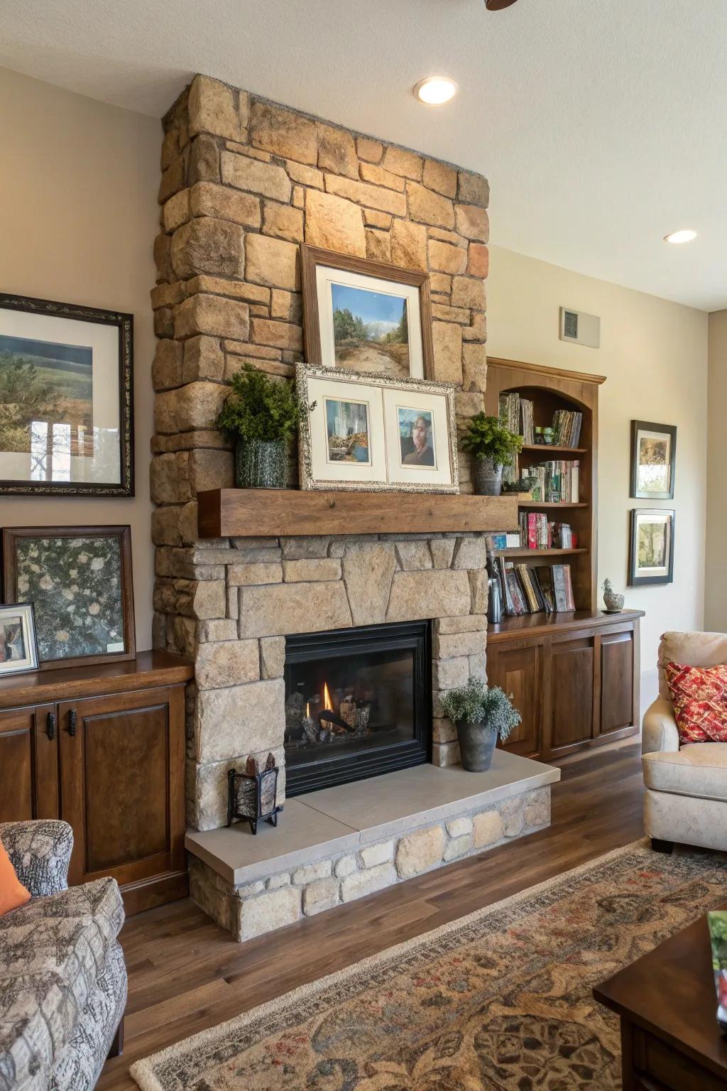 A living room featuring a stone fireplace with tiered mantels for added dimension.