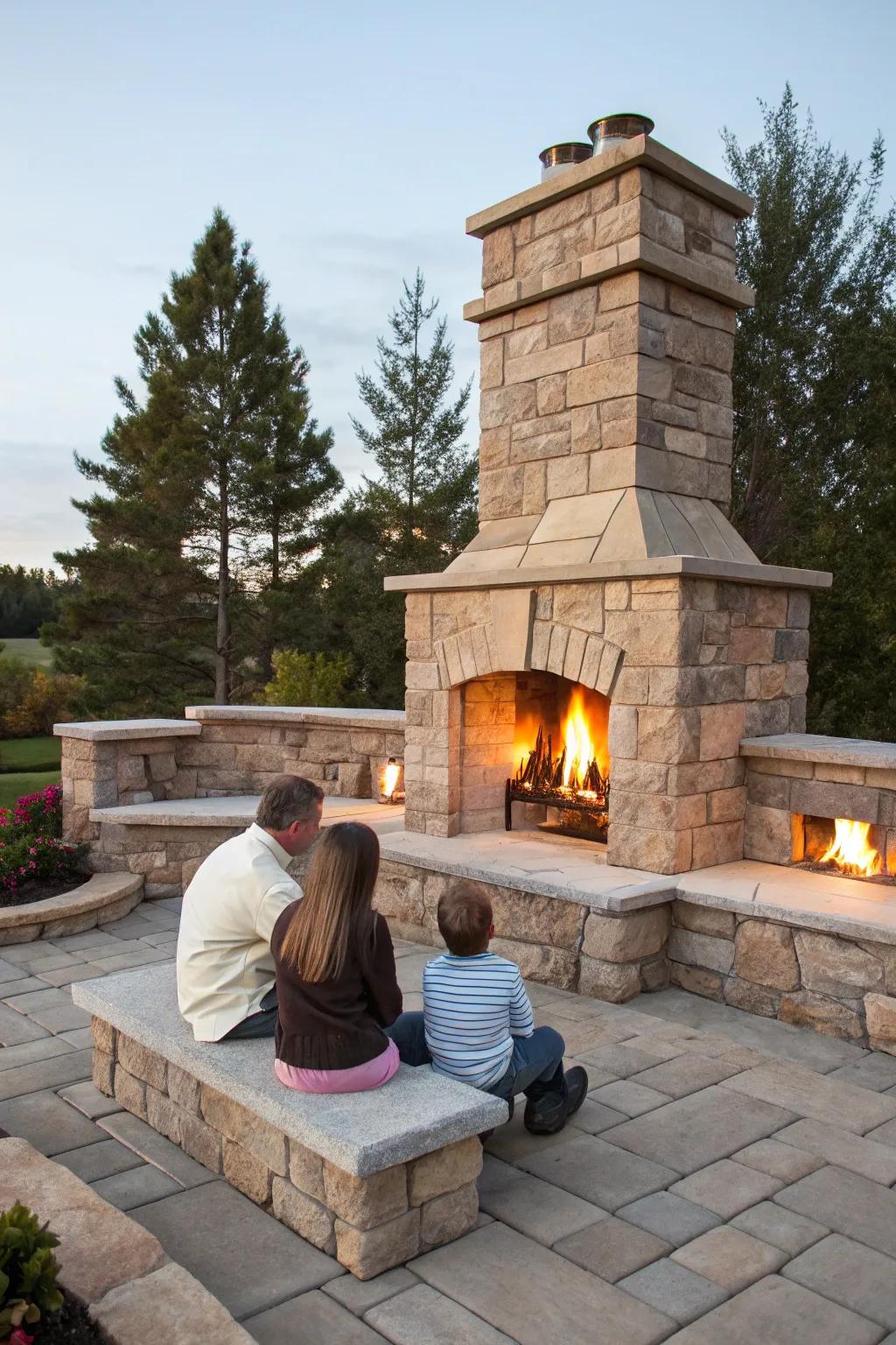Built-in seating transforms a fireplace into a family center.