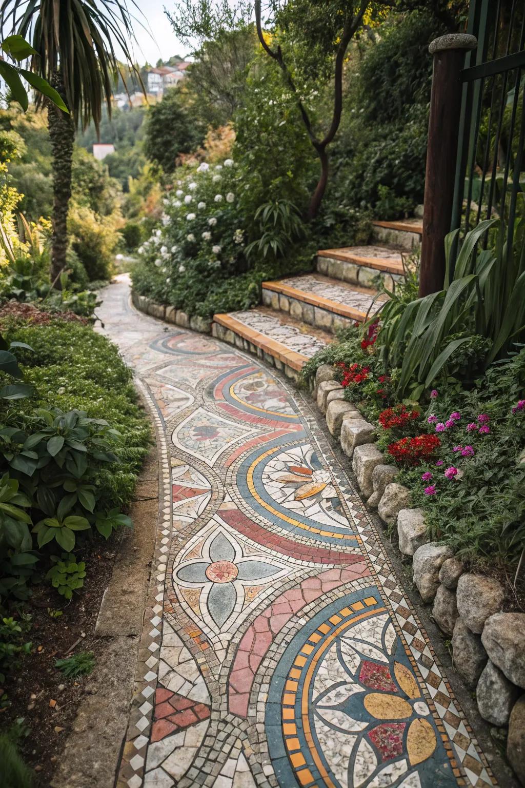 A colorful stone mosaic trail infuses vibrant artistry into your outdoor setting.
