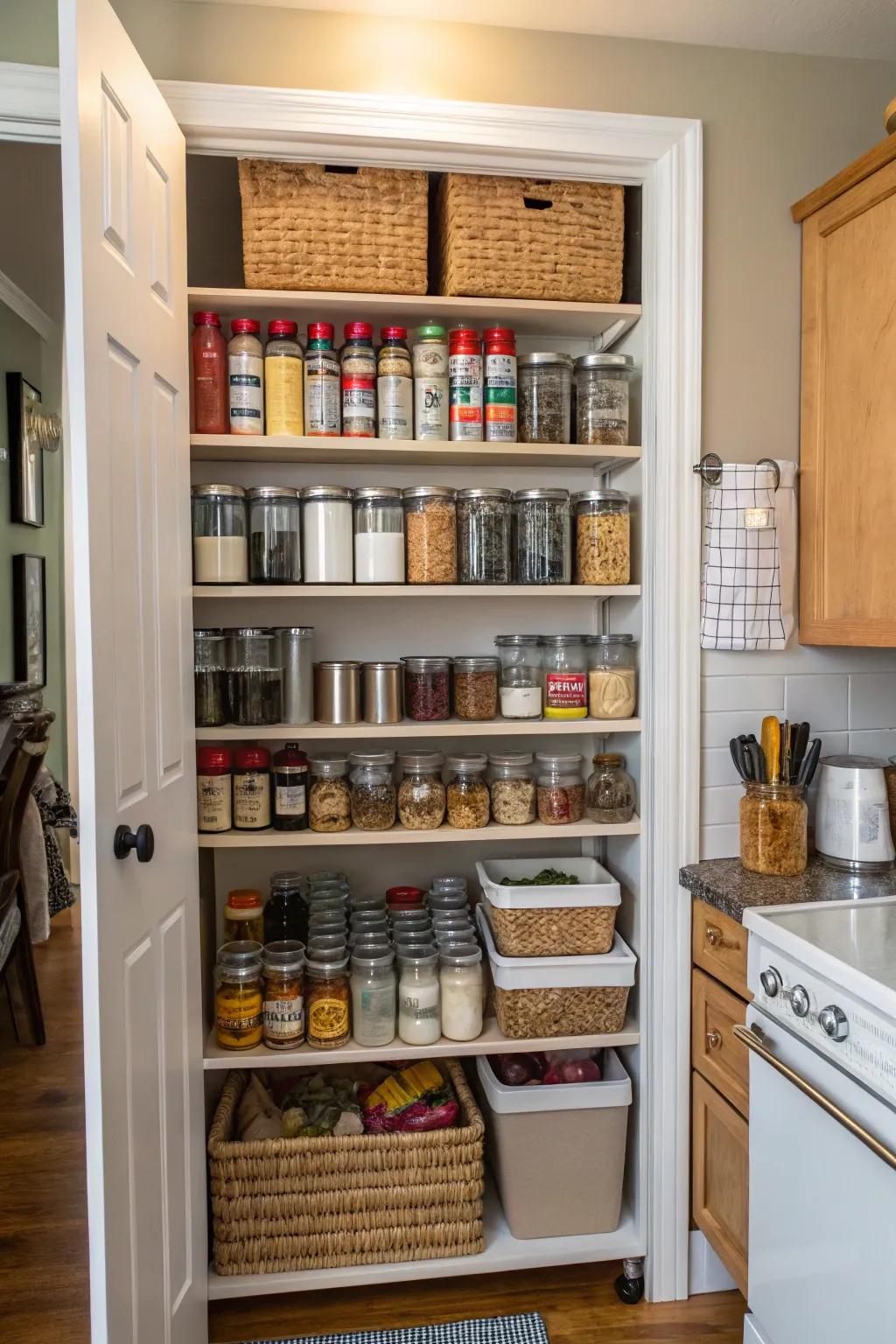 A tall pantry shelf stands in a compact kitchen.