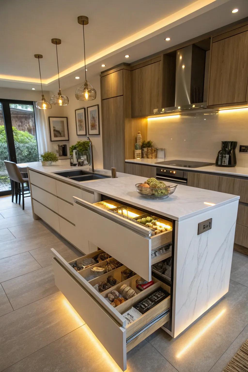 A contemporary kitchen island featuring hidden storage compartments.